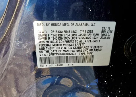 2019 Honda Pilot Touring from USA, damaged, VIN 5FNYF5H98KB032524